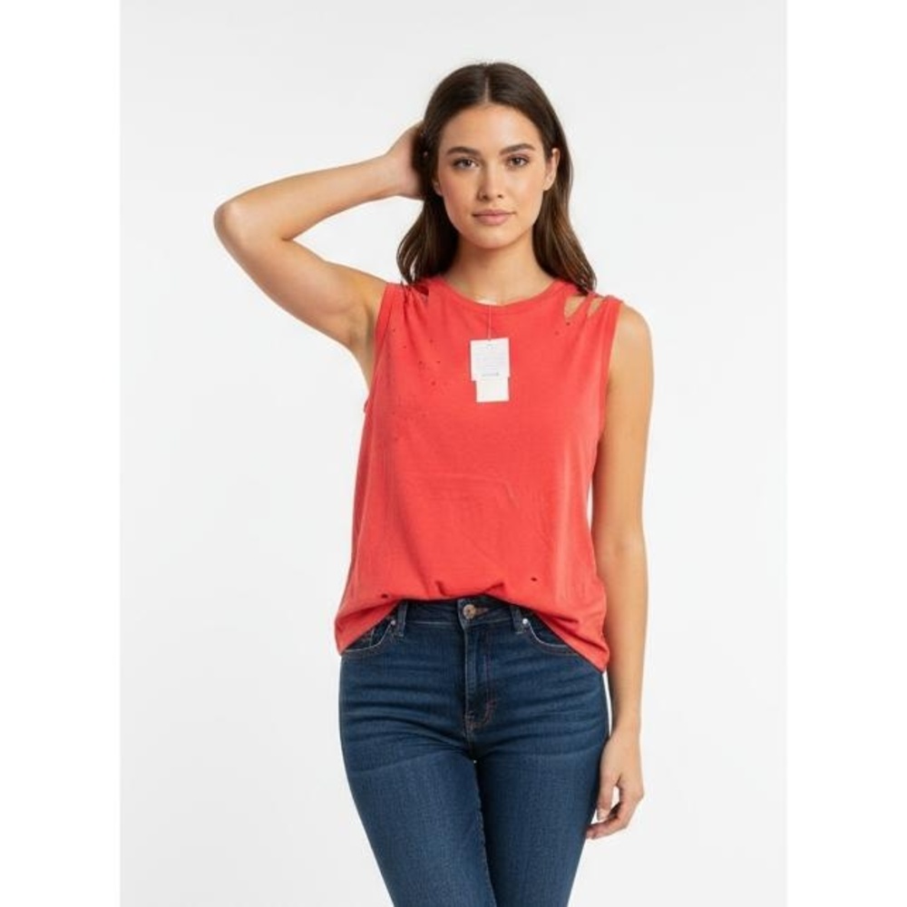 FRAYED Red Coral Sleeveless Distressed Cutout Casual Top Size Small